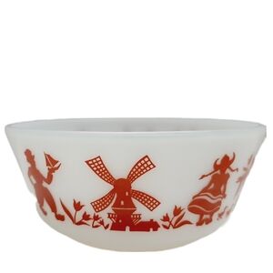 🍒 Vintage Hazel Atlas Dutch Theme Red & White Milk Glass Kids Child's Bowl